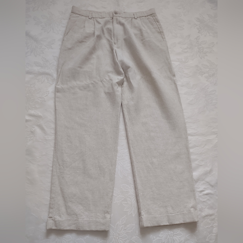 Vintage Cotton Linen Pants Trouser Natural Cream High Waist Pleated Relaxed Fit